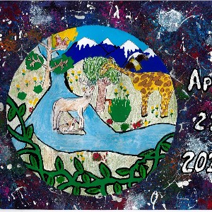 A mountain and river scene within a circle representing the earth on a dark mosaic backdrop.